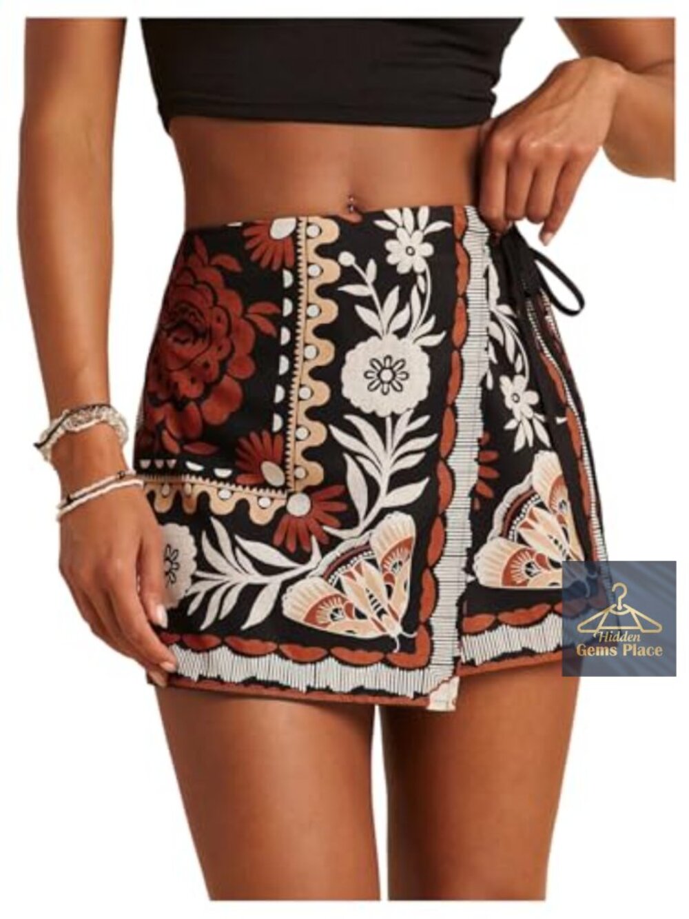 Floral Graphic Wrap Skorts Mini Drawstring Boho Beach Casual